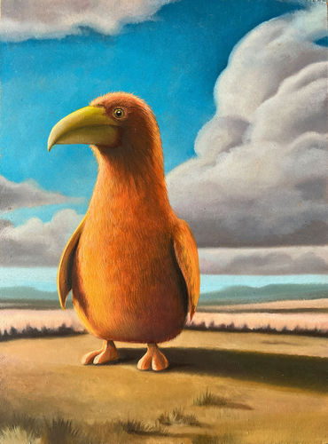 Astrid Köhler, Giant orange bird in a flat landscape, cloudy sky